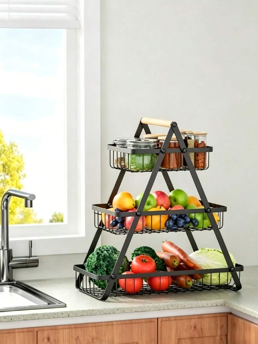 2-Tier & 3-Tier Fruit Basket, Portable Fruit Bowl With Wooden Handles, For Kitchen Storage, Holds Fruits, Vegetables, Bread, Snacks And Bananas, Detachable Rectangular Metal Baskets, Countertop Storage Home Decor (Black And White Available) - View 1