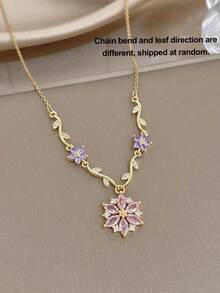1pc 18K Gold Plated Pink Zirconia Flower Gold Necklace, Necklace And Pendant, Women's Necklace, Gold Plated Jewelry, Rose Gold Chain, Perfect For Daily Wear, Dating, Party, Vacation Season, Graduation Season, Birthday Gift, Summer Accessory, Women's Beach Accessory, Easter, Gift For Girlfriend, Bohemian Style Jewelry - Multicolor - View 10