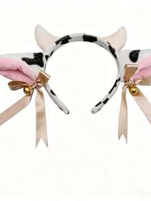 Plush Cow Ear Headband With Bell, Bow And Ribbon, Anime Lolita Style Animal Party Cosplay Costume Accessory - Black and White - View 1