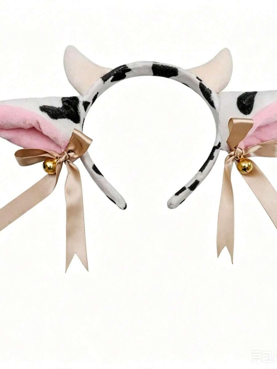 Plush Cow Ear Headband With Bell, Bow And Ribbon, Anime Lolita Style Animal Party Cosplay Costume Accessory - Black and White - View 1