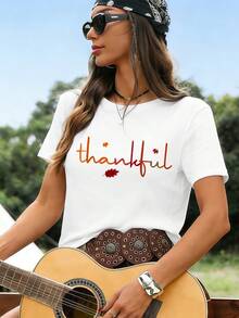 Women's "Thankful" Print T-Shirt, High Quality Fabric, Comfortable Fit, Casual, Graphic Design. - White - View 1
