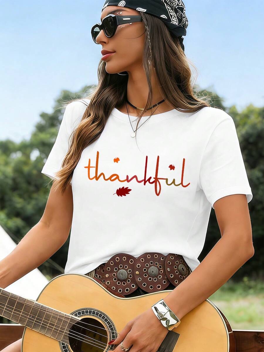 Women's "Thankful" Print T-Shirt, High Quality Fabric, Comfortable Fit, Casual, Graphic Design. - White - View 1