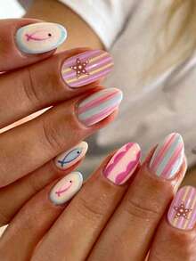 24 piezas de pegatinas de uñas con patrón de peces lindos y rayas, uñas postizas ovaladas medianas estilo macaron, estilo de verano vibrante macaron, rayas coloridas combinadas con patrón de ondas de peces de dibujos animados, uñas postizas ovaladas brillantes, adecuadas para vacaciones de verano en la playa de mujeres - Multicolor - Ver 1