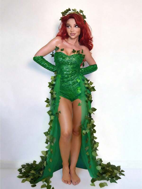 Women Halloween Ivy Fairy Costume Bodysuit Gloves And Leaf Headpiece Set