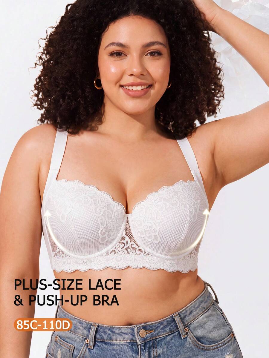 Plus Size Floral Lace Underwire Bra, Wide Strap Comfortable Style, Full Cup Design, Exquisite Lace Details, Underwire Support For Lifted Bust