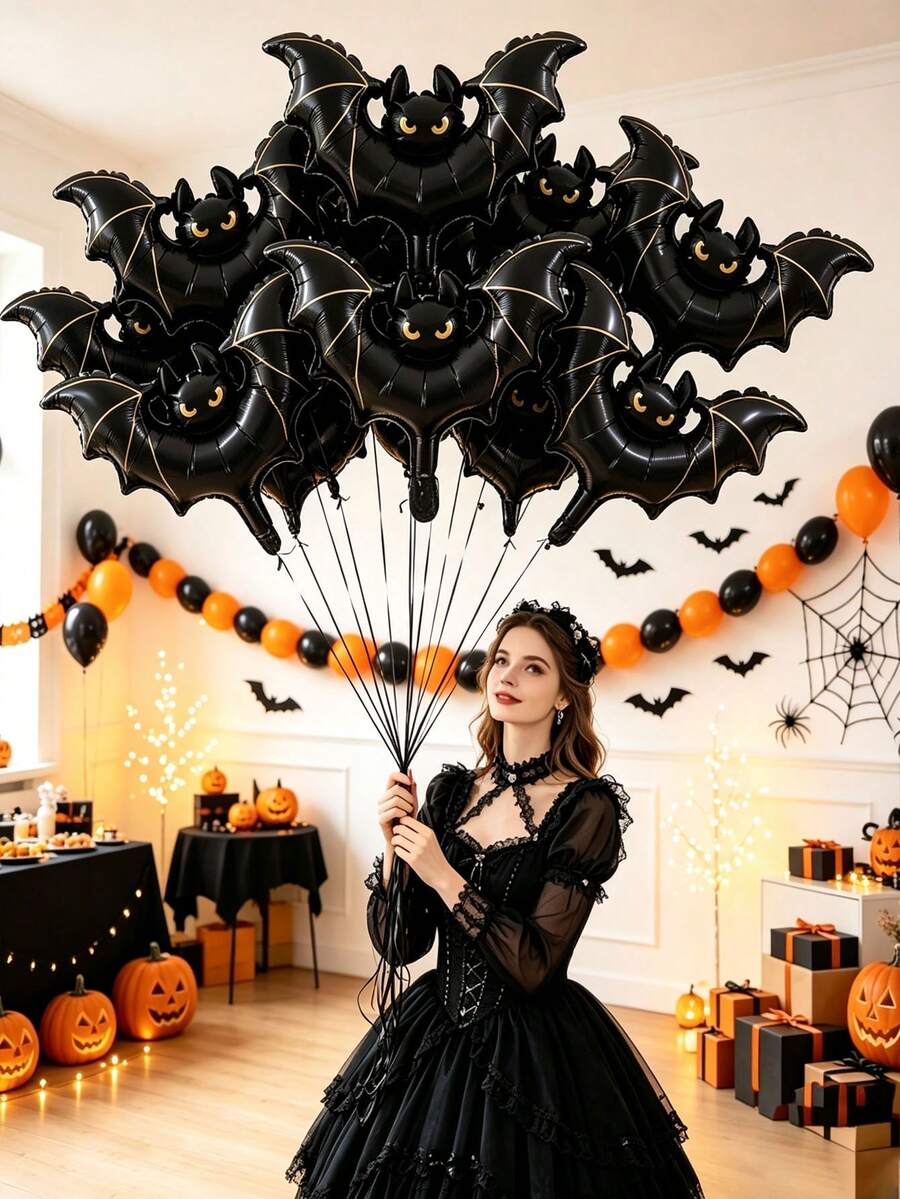 10pcs 16-Inch Mini Bat Shaped Halloween Party Decoration Cartoon Foil Balloon Set Suitable For Halloween Decoration (Ribbon Not Included) - Mini Bat - View 1
