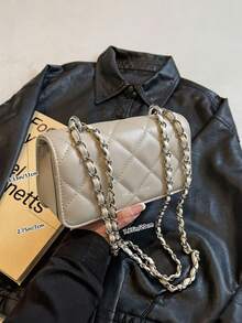 Mini New Diamond Quilted Chain Handbag, Simple Design Crossbody Bag, Commuter Shoulder Bag - Light Grey - View 9