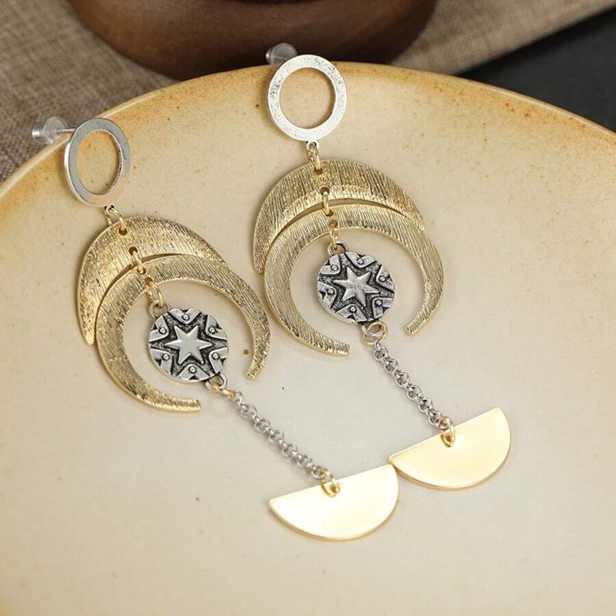 Bohemian Dual-Tone Star & Moon Long Tassel Drop Earrings For Women, Suitable For Daily Wear, Festivals, And Fashion Gift - Gold - View 1