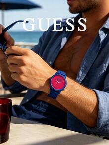 Jam Tangan GUESS Unisex Seri Logo Segitiga dan Tanda Tanya Retro, Dial Logo Timbul, Tali Silikon Multi-Warna, Jam Tangan Quartz Kasual Gaya Jalanan - Hot Pink - View 6
