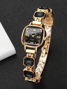 Women's Square Rhinestone Dial Digital Scale Quartz Bracelet Watch + Square Rhinestone Bracelet (2pcs/Set) Watch Box Not Included - Black - View 9