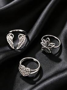 3pcs Vintage Niche Silver Stainless Steel Hollow Angel Wings Flower Heart Open Rings For Women And Men, Daily Wear, Party, Anniversary - Silver - View 3