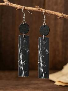 1 Pair New Chinese Style Ink Bamboo Rectangular Acrylic Earrings, Black Background White Bamboo National Style Artistic Earrings - Black - View 2