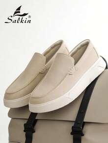 Salkin 男士極簡設計一腳蹬樂福鞋 柔軟麂皮粗跟厚底樂福鞋 低調奢華舒適圓頭莫卡辛鞋 優雅紳士休閒鞋 商務純色鞋面 防滑耐磨增高厚底鞋 日常休閒情侶約會出遊百搭 派對宴會度假禮物 春夏秋男鞋 - 米色 - 查看 6