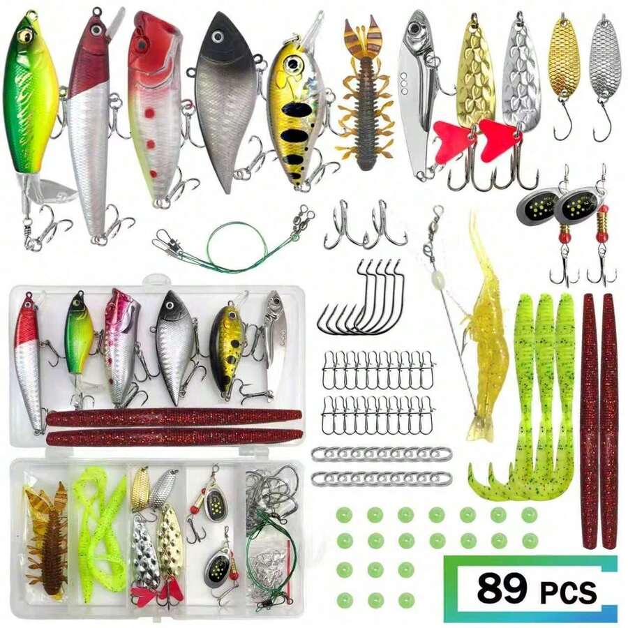 Kit 53/89/116 accesorios pesca con estuche y bolsa, cebos blandos/duros, anzuelos y plomadas para pescadores - Blanco - Ver 1