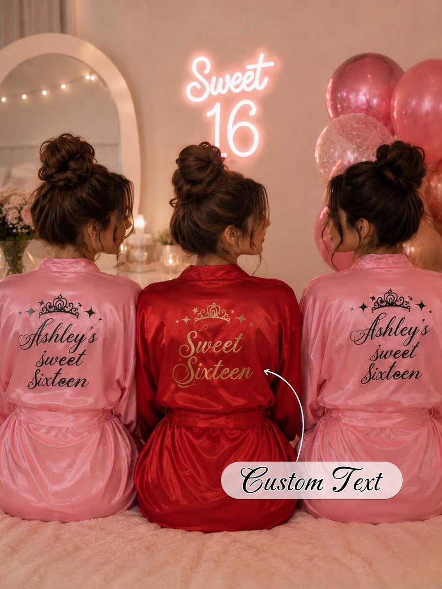 1pc Customized Personalized Pajama Set Or Robe - Satin Bridal & Bridesmaid Robe, Comfortable Loungewear, Customized Name Wedding Robe, Embroidered Design, Exclusive Bridesmaid Outfit, Personalized Satin Long Robe, Customized Bridal Outfit, Lace Trim Robe - Multicolor - View 1