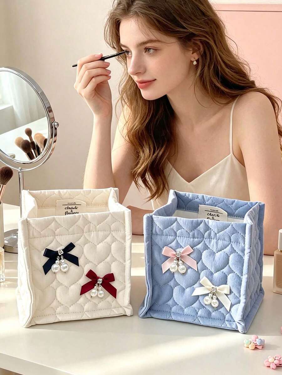 Heart-Shaped Quilted Fabric Storage Basket With Pearl Bow, Desktop Makeup Bag, Cute Bow Storage Box, Makeup Brush Holder, Stationery Organizer, Birthday Gift - Multicolor - View 1