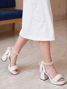 High-Heeled Sandals, Chunky Heels - White - View 3