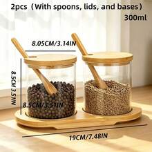 300ml Glass Spice Jar, Kitchen Seasoning Storage Container, Salt Jar, Coffee Storage Canister, Glass Storage Container With Bamboo Lid And Spoon, 2/3pcs Set With Bamboo Tray, Suitable For Kitchen Spices, Dry Ingredients, Sugar, Black Pepper, Coffee Food Storage - Clear - View 2