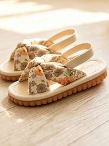 1 Pair Girls' Floral Fabric Bow Back Strap Non-Slip Flat Open Toe Sandals For Summer Daily Wear - Apricot - View 4