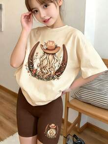 2pcs/Set Cute Cartoon Pattern Tween Girl T-Shirt And Shorts New Spring/Summer Outfit For Teenage Girls Soft - Apricot - View 1