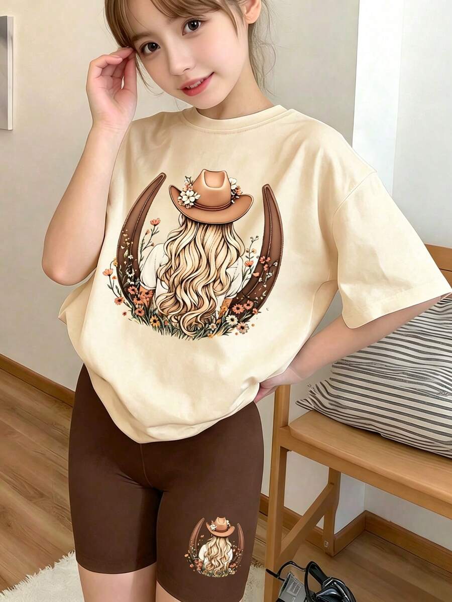 2pcs/Set Cute Cartoon Pattern Tween Girl T-Shirt And Shorts New Spring/Summer Outfit For Teenage Girls Soft - Apricot - View 1