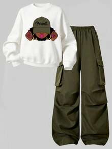 Tween Girl Cartoon Graphic Print Crew Neck Sweatshirt And Pants Set - Army Green - View 3