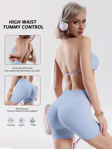 女款夏季兩件式粉色上衣與高腰短褲套裝，適合運動、瑜伽、皮拉提斯、健身房、跑步 - 灰色 - 查看 4