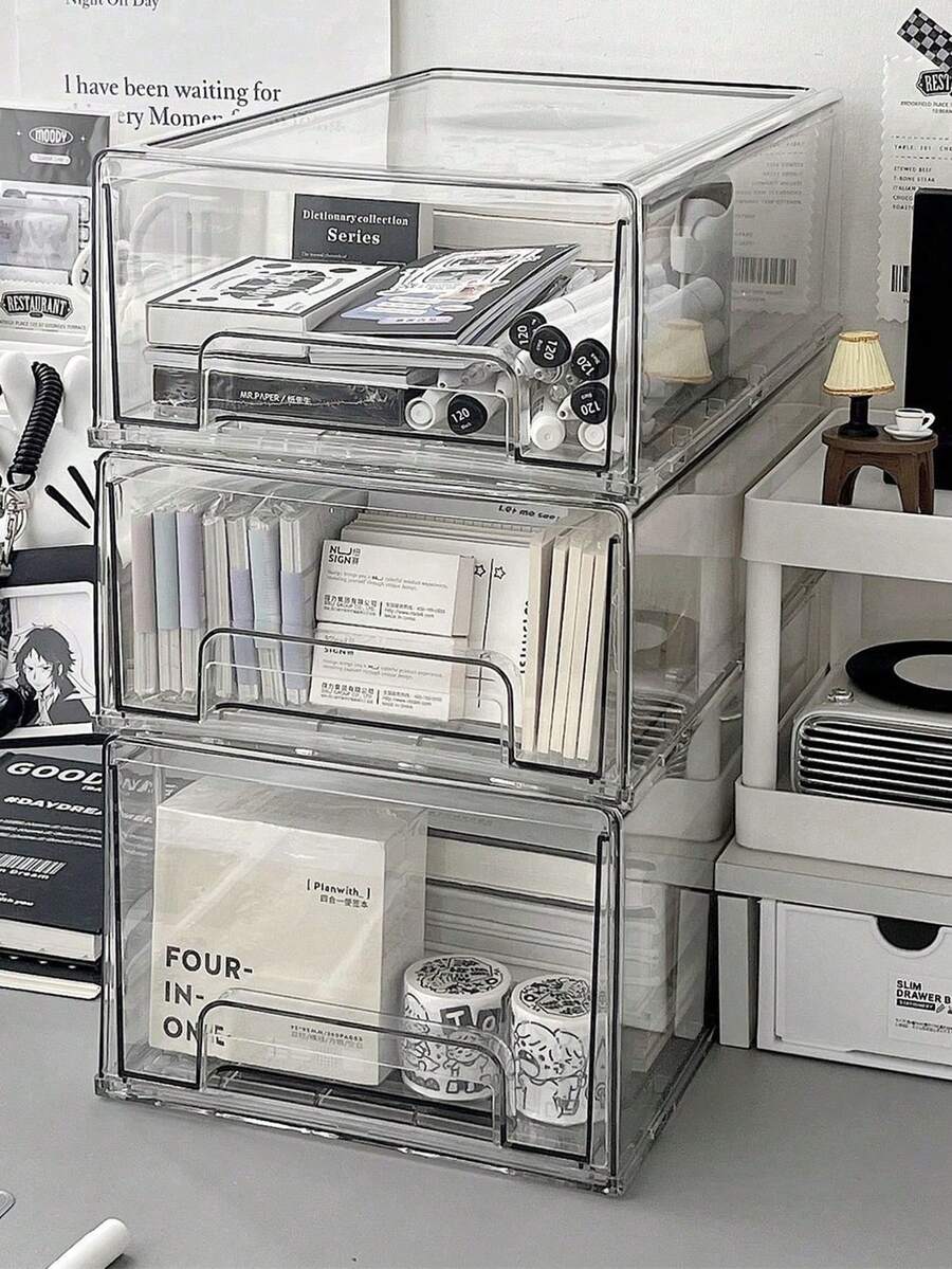 1pc Stackable Transparent Drawer Storage Box, Desktop Stationery Organizer, Wardrobe Underwear & Clothing Storage Bin - Multicolor - View 1