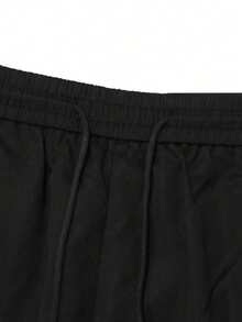 Black Side Double Stripe Letter Print Cargo Sweatpants, Elastic Drawstring Wide Leg American Street Casual Long Pants For Men - Black - View 8