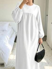 1pc New Plus Size Dress With Ruched Chest, Lantern Sleeve Design, Classic Versatile Abaya For Women's Daily Wear - Multicolor - View 15