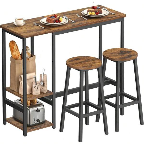 Juego de Mesa de Barra y 2 Sillas de Cocina, Desayunador Industrial de 3 Piezas con Estantes Ajustables, 110x40x90, MLBT220KD01