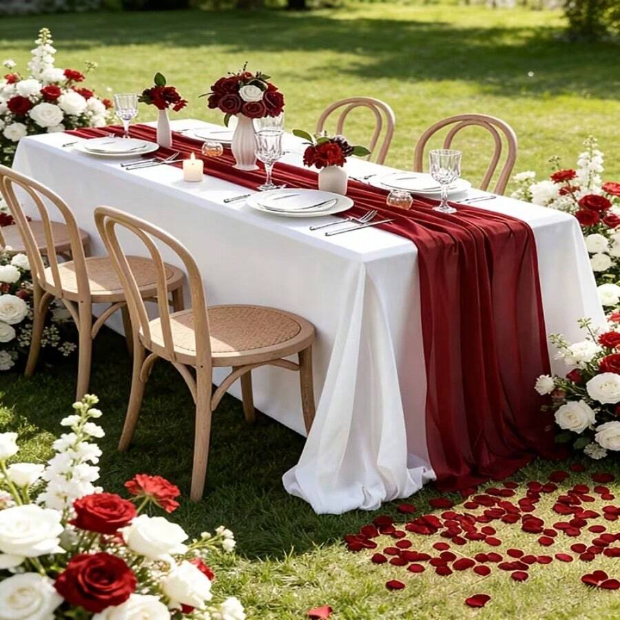 Elegant Burgundy Sheer Table Runner & Soft Chiffon Table Sash - Solid Color Wedding, Reception & Boho Decor Suitable For Ceremony, Table Setting - Fabric, No Assembly Required, Instant Decoration - Burgundy - View 1