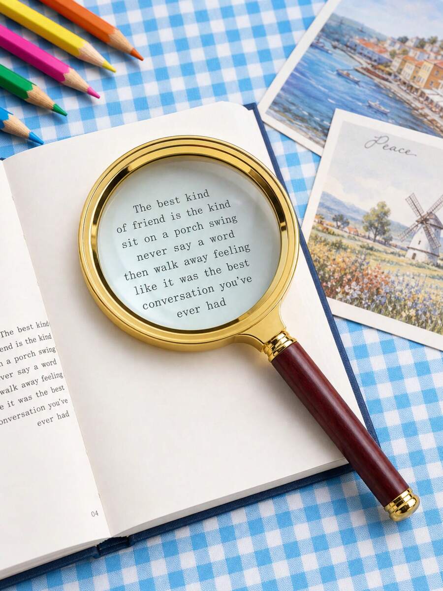 10X Handheld Magnifying Glass, Faux Wood Handle Gold Plated Magnifier, Desktop Decor Toy, Portable Lens, Suitable For Science Exploration, Outdoor Observation, Detail Inspection, Reading Small Text, Books, Maps, Stamps, Jewelry, Coins, Birthday Gift