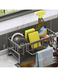 1pc Carbon Steel Kitchen Storage Rack, Can Hold Sink Faucet Sponge Drain Basket, Kitchen Organizer Shelf And Detergent Steel Wool, Can Hang Cleaning Cloth And Store Cleaning Supplies, Kitchen Accessories - Multicolor - View 13