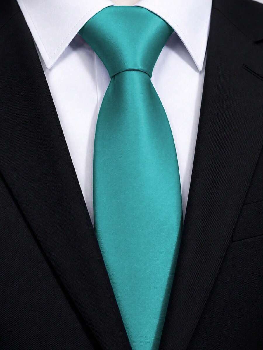 1pc Solid Color Satin Men's Tie, Business Wedding Solid Color Men's Tie (7cm) - Peacock Blue - View 1