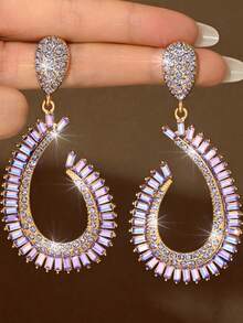 1 Pair Fashion Women's Asymmetrical U-Shaped Rhinestone Drop Earrings, Glamorous Sparkling Exquisite Earrings Suitable For Party And Banquet Wear - Gold & Purple - View 3