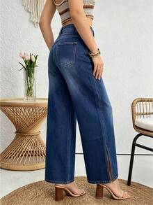 Women's Casual Denim Split Hem Wide Leg Pants, Slightly Stretchy, Perfect For Creating Vintage Y2K Style - Light Wash - View 2