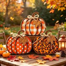1/3pcs 3D Layered Wooden Pumpkin Desktop Decor, Buffalo Plaid Polka Dot Leopard Print Wooden Pumpkin Ornament With Jute Bow And Maple Leaf Tag, Autumn Layered Tray Decoration, Thanksgiving Farmhouse Style Dining Table Centerpiece Indoor Desktop Decor - Autumn Decor - View 3
