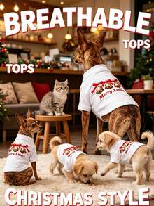 1Pc Christmas Bell Print Dog Clothes, Dachshund Clothes, Dog Costume, Cat Clothes, Teddy Bear Clothes, Breathable Lightweight Pet T-Shirt For Small Dogs & Cats, Xmas Daily Casual Tops - Multicolor - View 1