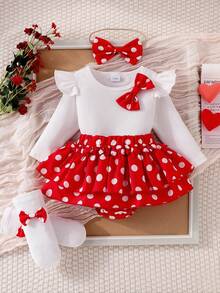 Set 5 pcs untuk Bayi Perempuan: Kaos Lengan Panjang Bergaris Putih dengan Pita Polkadot & Hiasan Ruffle + Gaun Ruffle Bertingkat Dua Lapis Polkadot + Bando Pita + Kaos Kaki - Merah - View 1