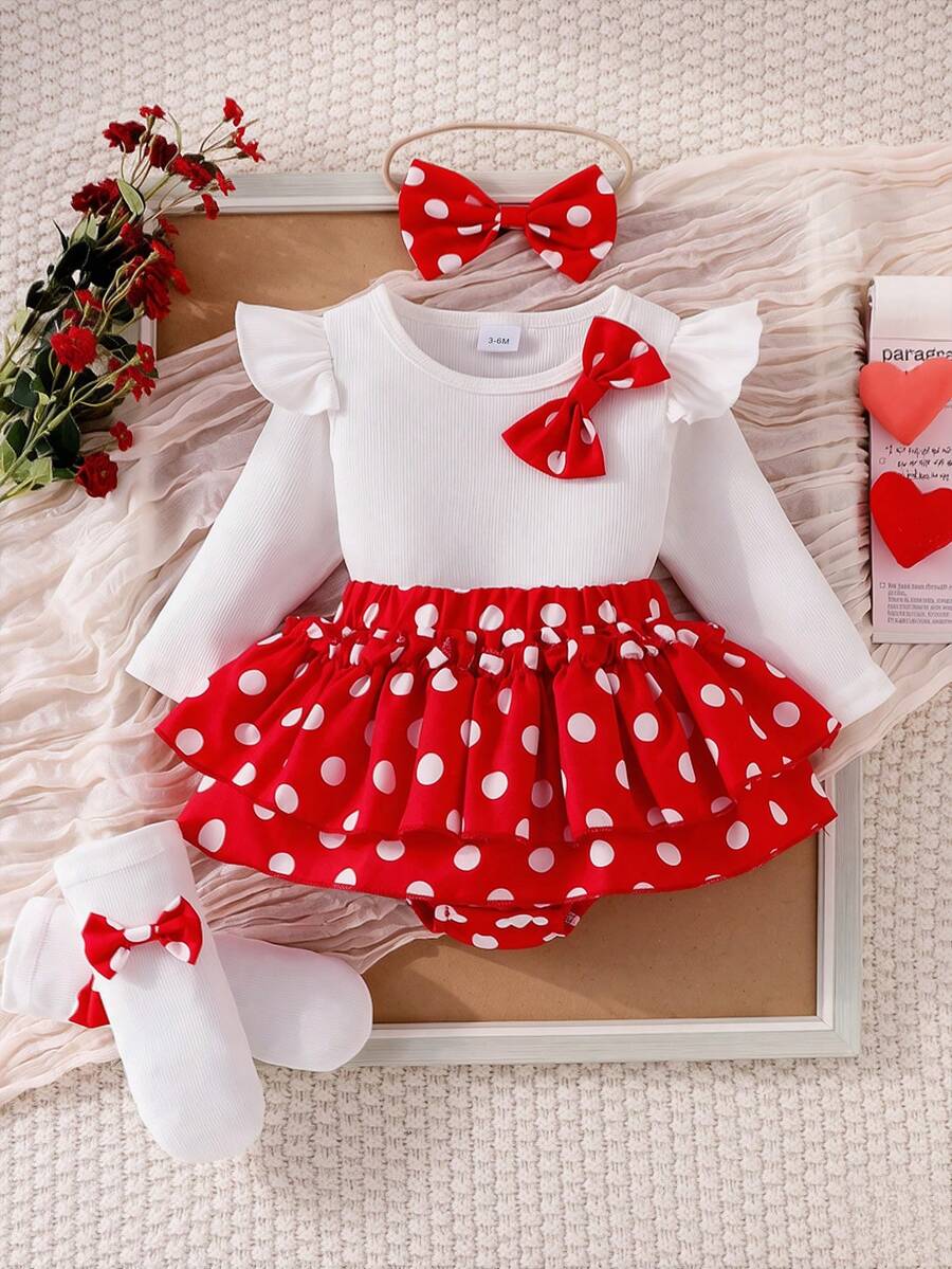 Set 5 pcs untuk Bayi Perempuan: Kaos Lengan Panjang Bergaris Putih dengan Pita Polkadot & Hiasan Ruffle + Gaun Ruffle Bertingkat Dua Lapis Polkadot + Bando Pita + Kaos Kaki - Merah - View 1
