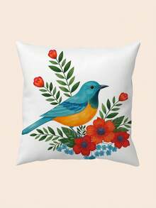 1pc Watercolor Style Vibrant Wild Bird & Plant Floral Leaf Pattern Country Style Spring Sofa Home Decor Pillow Cover (Pillow Insert Not Included) - Multicolor - View 3