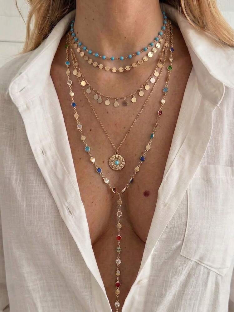 2pcs Street Style INS Geometric Disc Tassel Necklace (Random Disc Quantity) Colorful Long Y-Shaped Tassel Embossed Disc Pendant Necklace, Suitable For Party, Vacation, Gift For Friends And Family, Daily Wear - Gold - View 1