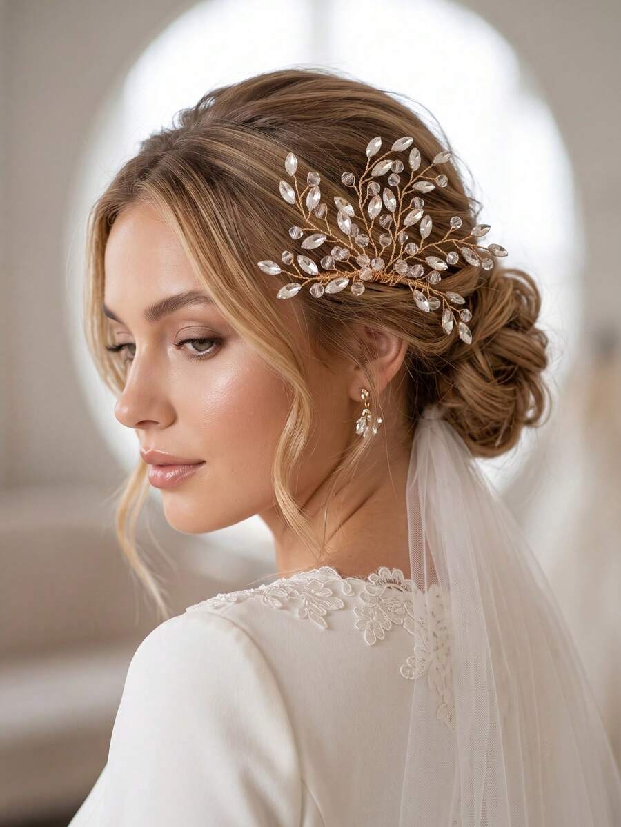 1pc Rhinestone Leaf Vine Hair Comb Bridal Wedding Hair Accessories Elegant Hair Jewelry For Women - Multicolor - View 1