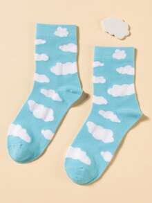 1 Pair Women's Cloud Print Mid-Calf Socks, Suitable For Daily Wear - Blue and White - View 6