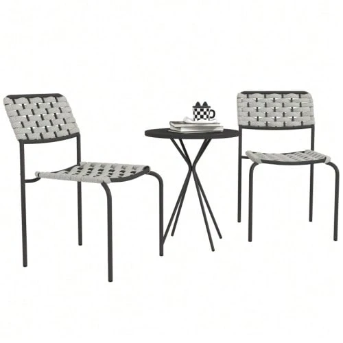 Conjunto de muebles de jardín de polirratán, mobiliario de salón de exterior para balcón para 2 personas, grupo de asientos de 3 piezas con 2 sillas apilables, mesa, salón de jardín resistente a la intemperie para jardín, terraza, balcón, gris - Gris - Ver 1