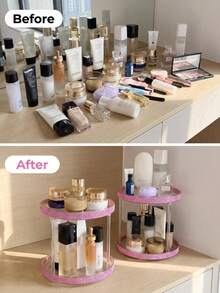 1PC Rhinestone Decorated Multi-Functional 360° Rotating Makeup Organizer, 360° Rotating Rhinestone Cosmetic Storage Rack, Double Layer Vanity Skincare Organizer, Girly Pink Sparkling Rhinestone Rotating Storage Tray, Large Capacity Desktop Skincare Lipstick Makeup Organizer - Multicolor - View 7