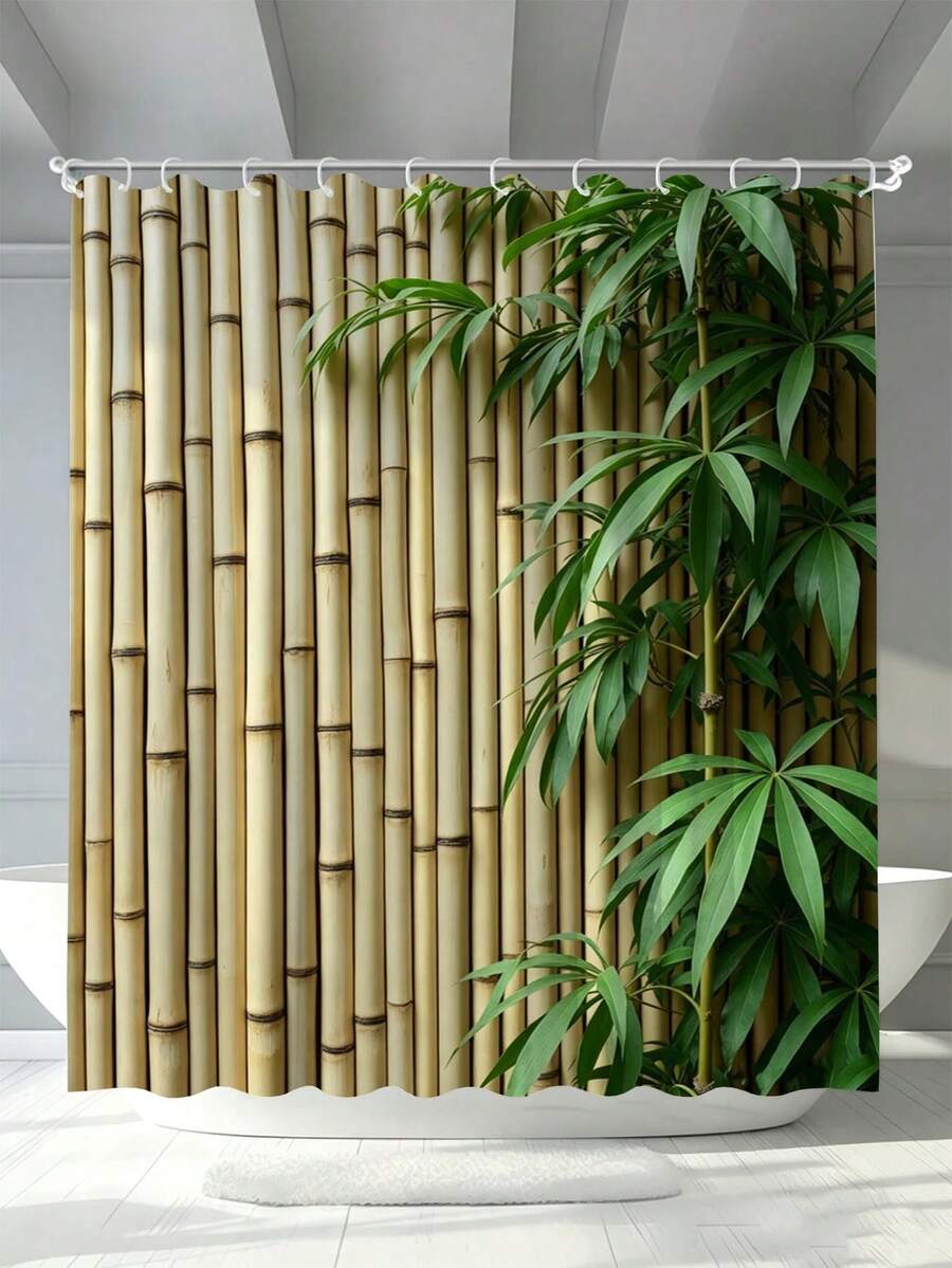 1pc Bamboo Fence Greenery Shower Curtain - Suitable For Bathroom Decoration, Easy To Clean, Exquisite Home Decor, Bathroom Partition Curtain, Decorative Shower Curtain, Bathroom Accessories Home Decor Gift - Includes 12 Hooks - Multicolor - View 1