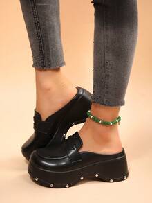Solid Color Penny Loafer Mule Slides, Rivet Thick Sole Women's Closed Toe Backless Slouchy Half-Slip Shoes - Black - View 4