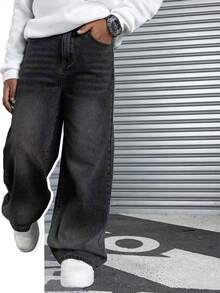 Youth Boy Fashion Stone Washed Casual Wide Leg Loose Black Denim Jeans - Black - View 2